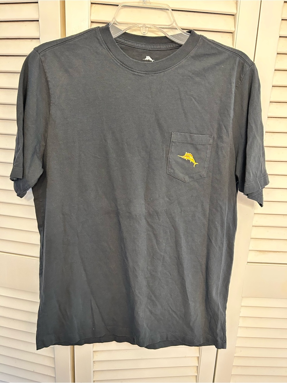 Tommy Bahama Charcoal Pocket Tee with  Mai tai Yellow Marlin Logo